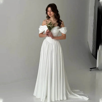 Popular Off The Shoulder Pleat Sweetheart Thick Satin A Line Wedding Dress V-shape Waistline Custom Made 2026 Rode De Morrie