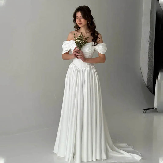Popular Off The Shoulder Pleat Sweetheart Thick Satin A Line Wedding Dress V-shape Waistline Custom Made 2026 Rode De Morrie