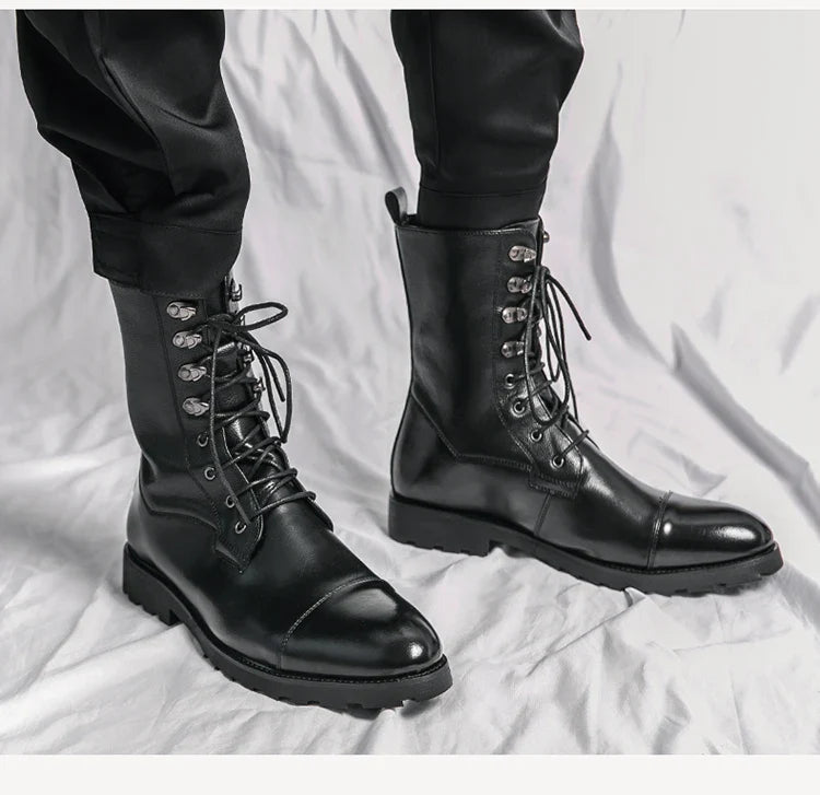 Men Lace Up High-top Boots Fashionable Outdoor Black Combat Boots