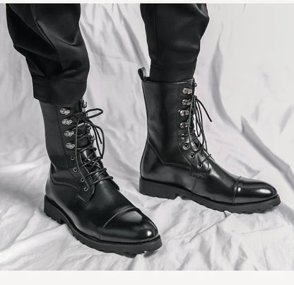 Men Lace Up High-top Boots Fashionable Outdoor Black Combat Boots