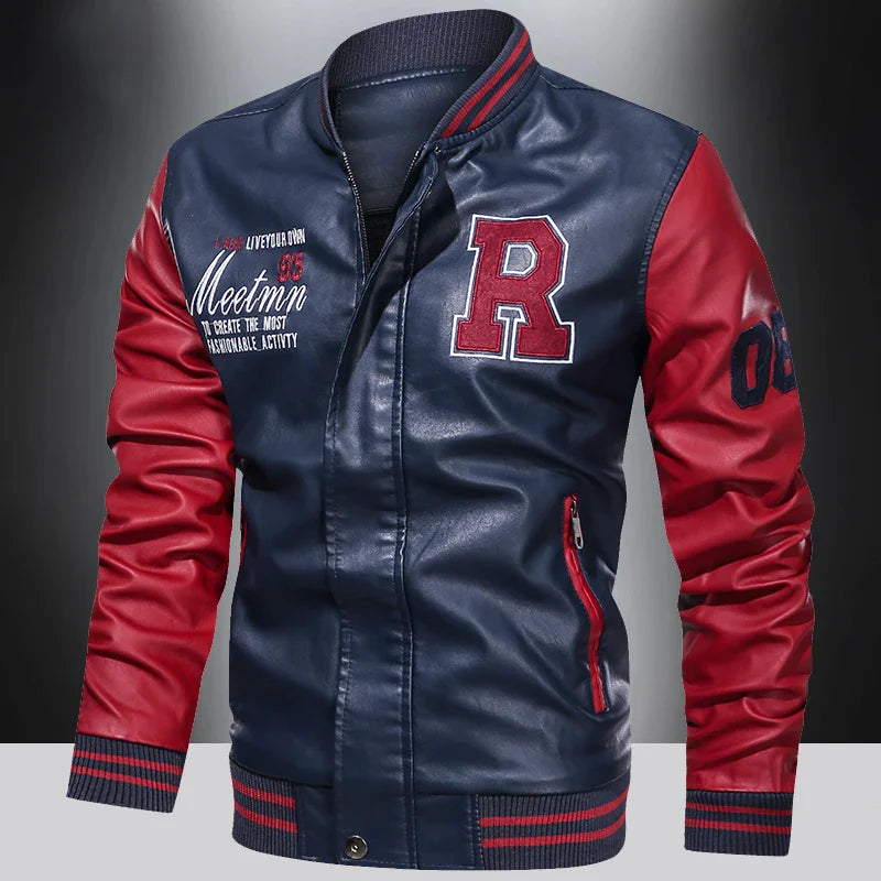 Spring and Autumn Men's Motorcycle Suit Leather jacket Color blocking American baseball collar pilot casual PU leather jacket