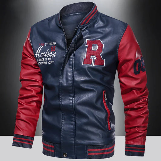 Spring and Autumn Men's Motorcycle Suit Leather jacket Color blocking American baseball collar pilot casual PU leather jacket