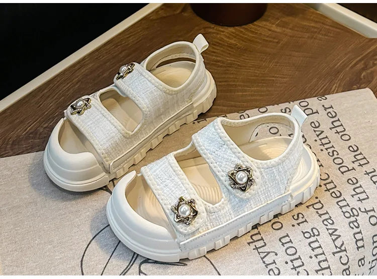 2025 Nice Straw Children Sandals New Arrivals Girls Appliques Metal Decos Sandals for Kids Girl Anti-kick Toe Beach Shoes I03242