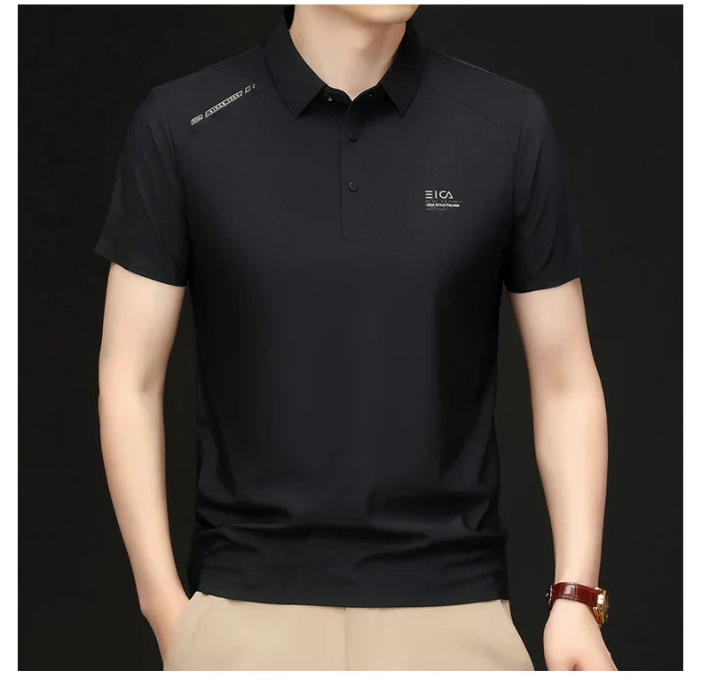 High quality ice silk short sleeve polo shirt cool breathable fashion brand letter printed summer casual men's lapel T-shirt