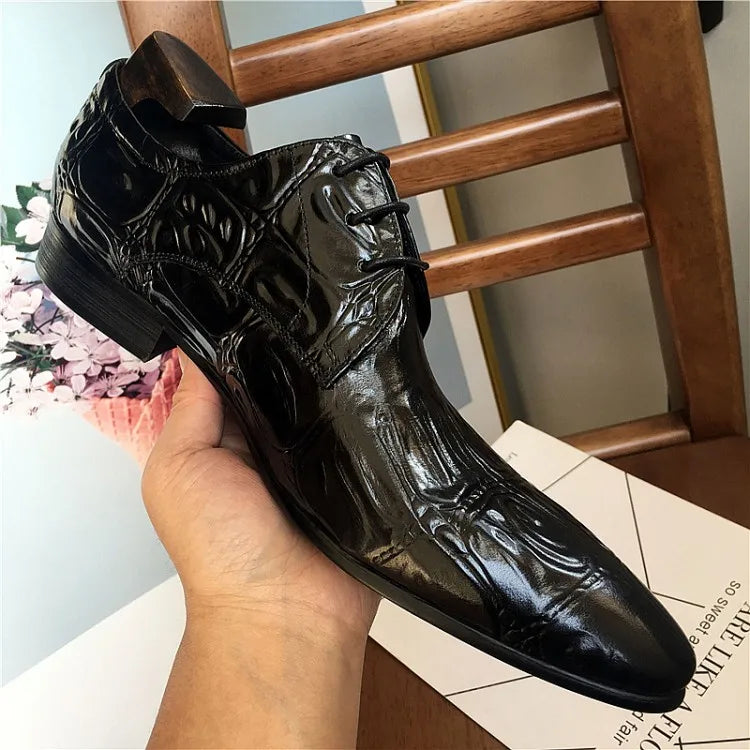 Business Men Crocodile Pattern Cowhide Genuine Leather Dress Shoes Lace Up Pointed Toe Derby Shoes Spring Wedding Formal Shoes