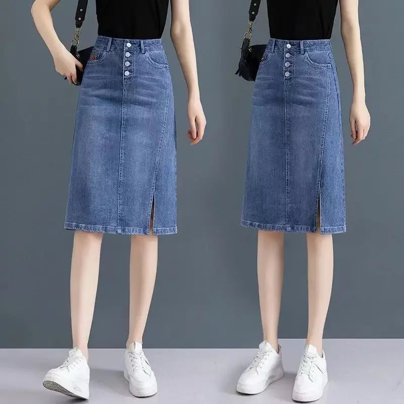 Chubby High Waist Female Jeans Skirts Blue Women's Denim Skirt with Pocket Midi To Knees Length 2025 Trend New in Y2k Vintage V
