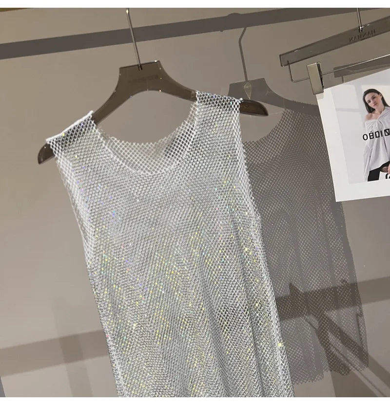Women&Men Crystal  Rhinestones Shiny Sexy Y2K Tank Tops High Quality Party Club Sexy See Through Mesh Hollow Out Diamond shirt