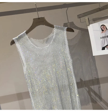 Women&Men Crystal  Rhinestones Shiny Sexy Y2K Tank Tops High Quality Party Club Sexy See Through Mesh Hollow Out Diamond shirt