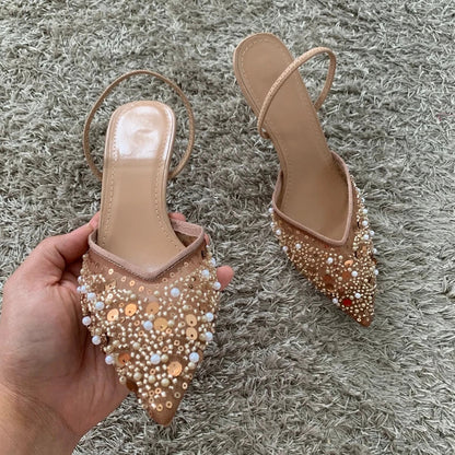 Luxury Fashion Bling String Bead Mesh High Heels Women Sexy Pointed Toe Breathable Heeled Sandals Elegant Slingbacks Women Pumps