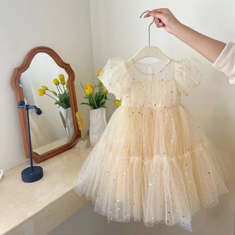 Bear Leader Summer Sweet Girls Casual Dresses Sequined Mesh Princess Dress Short Sleeve Korean Version Elegant Kids Clothes