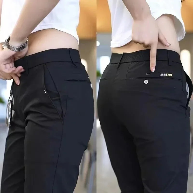 Summer Pants Ice Silk Men's Casual Simple Khaki Black Slim Straight Stretch Trousers Business Casual Male Clothing Pant
