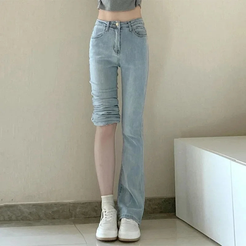 High-waist Elastic Slim Fit Street Style Straight Crotch Bell Bottoms