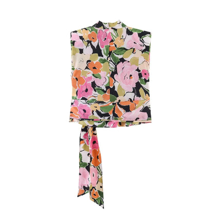 Summer 2026 Women Sleeveless Blouse Top Elegant Floral Printed Shoulder Pad Top Chic Side Tie-up Fashion Lady Vest