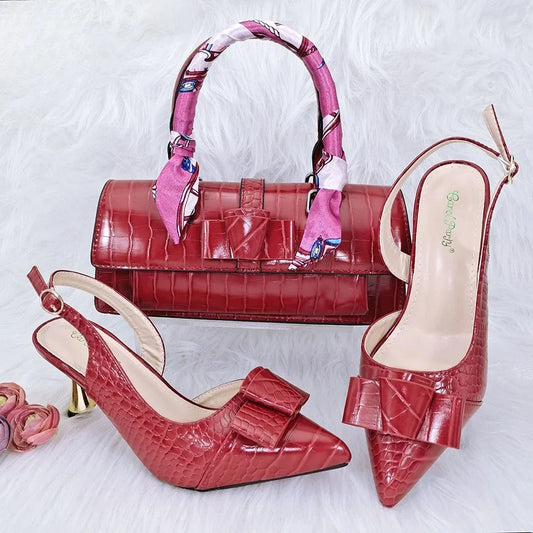 Fashion Design  Women Italian Shoes and Bag Set Comfortable Heels with Pu Leather Mature Ladies Slipper in Red Color