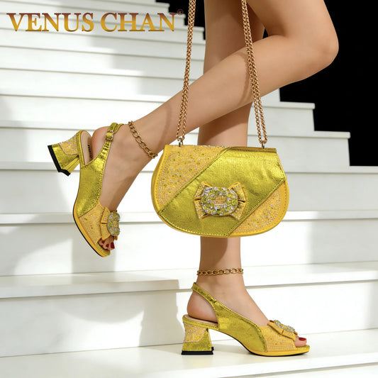 Women's Elegant High Heel Shoe and Bag Set Signature Italian Design with Premium Synthetic Fabrics for Weddings and Elegant