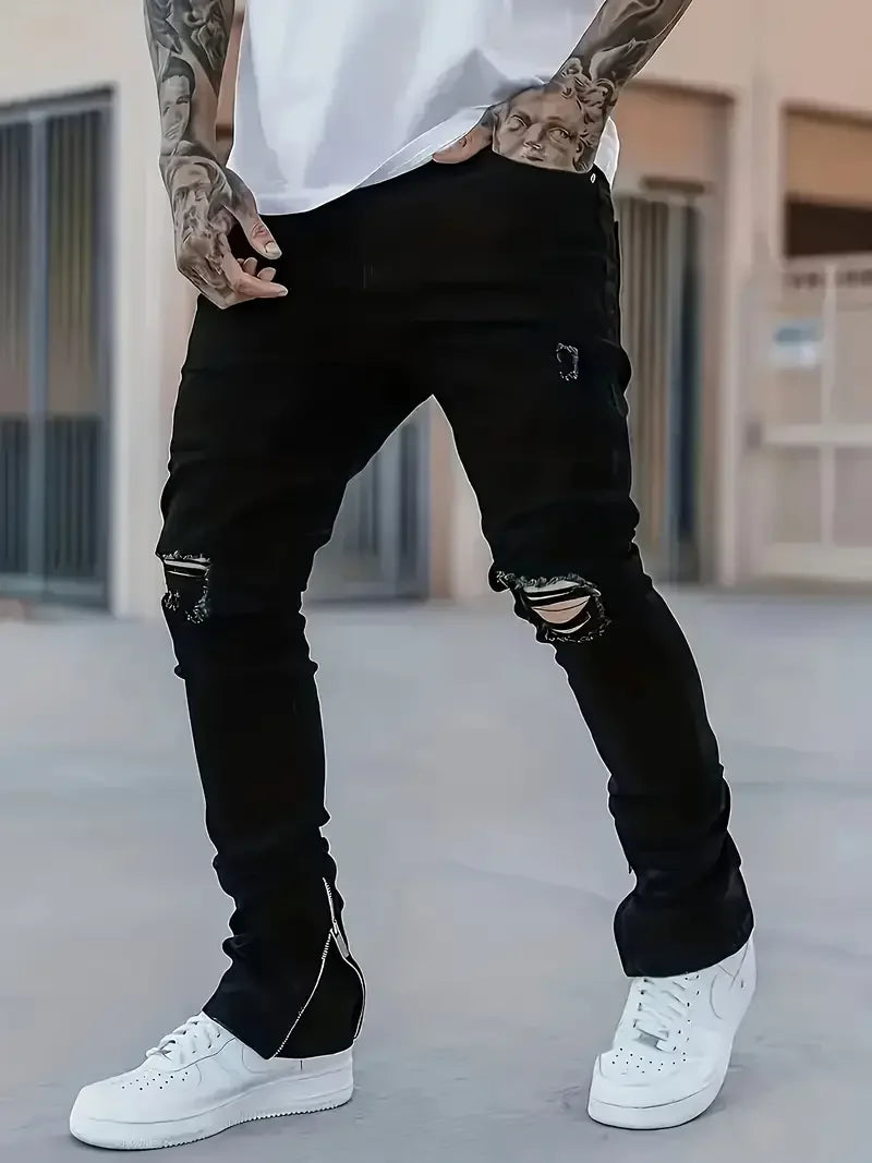 Men's Slim Fit Black Jeans - Street Style, Cotton Blend, Mid-Stretch Fabric, Ripped Detail, All-Season Wear