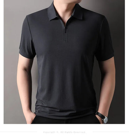Men's Half-Zip Polo Shirt Light Beige Breathable Casual Slim Fit Stretch Cotton Classic Collar Business Casual Tops
