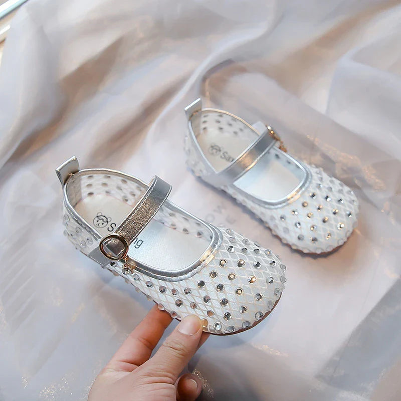 Summer Toddler Girls Princess Rhinestone Mesh Mary Jane Shoes Round Toe Hook Loop Non-Slip Soft Sole Casual Daily Walking Shoes
