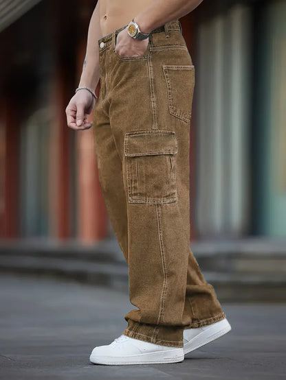 Men's Deep Blue Washed Denim Workwear Jeans Casual Multiple Pockets Design Loose Wide Leg Trousers Y2K Style Cargo Pants