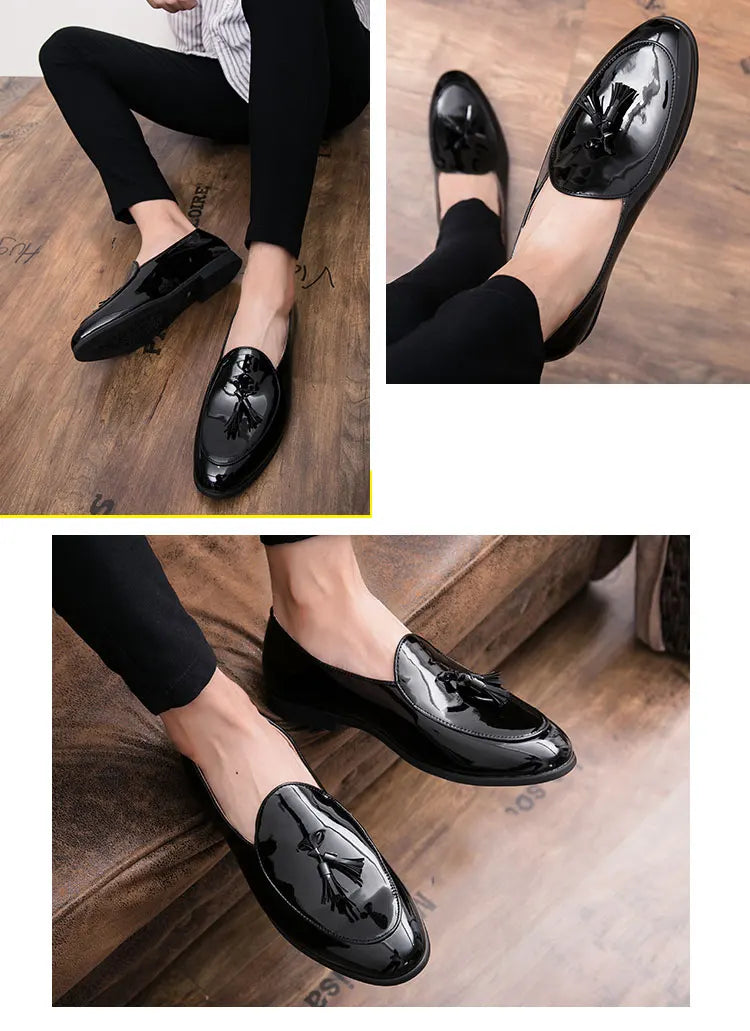 Fashion Men Shoes Patent Leather 37-47 Size Boys Breathable Loafers Black Soft Outdoor Casual Summer Mules Dress Flats