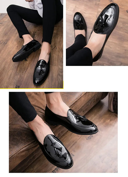 Fashion Men Shoes Patent Leather 37-47 Size Boys Breathable Loafers Black Soft Outdoor Casual Summer Mules Dress Flats