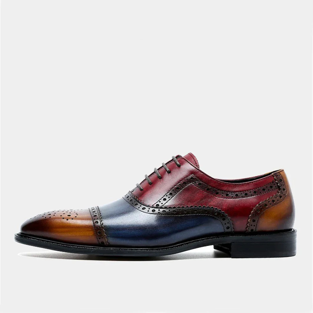 Color Block Genuine Leather Mens Formal Oxford Shoes Cap Toe Lace Up Brogue Business Party Elegant Gentleman Dress Shoes for Men