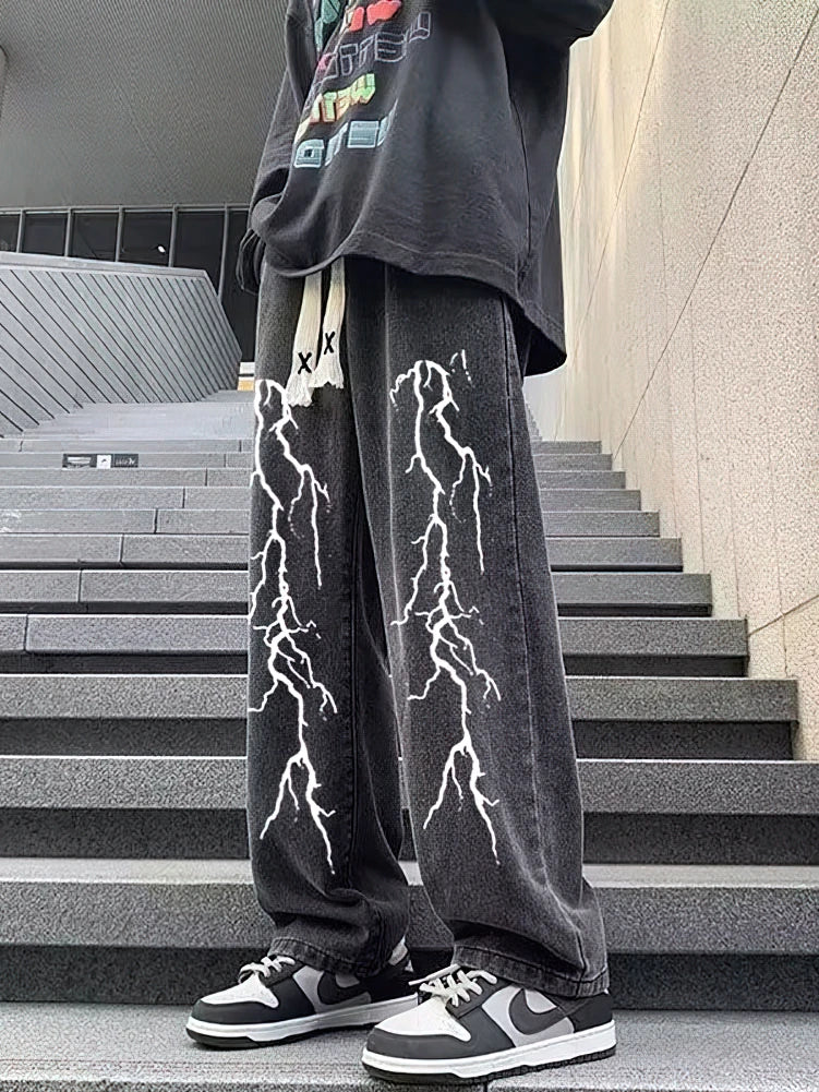 Calça Jeans Preta Estampada Masculina Folgada Reta Oversize Gráfica Casual Perna Larga Denim Calças Compridas Coreanas Calças de Moletom Com Cordão