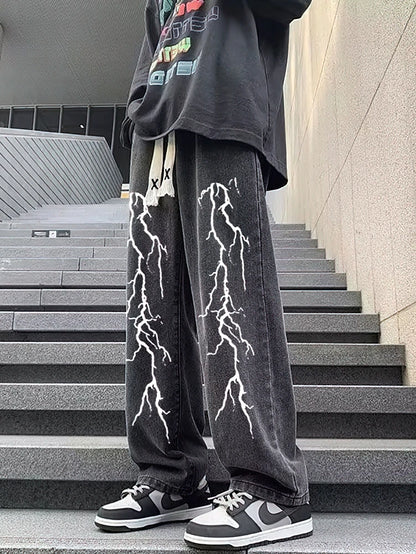 Calça Jeans Preta Estampada Masculina Folgada Reta Oversize Gráfica Casual Perna Larga Denim Calças Compridas Coreanas Calças de Moletom Com Cordão