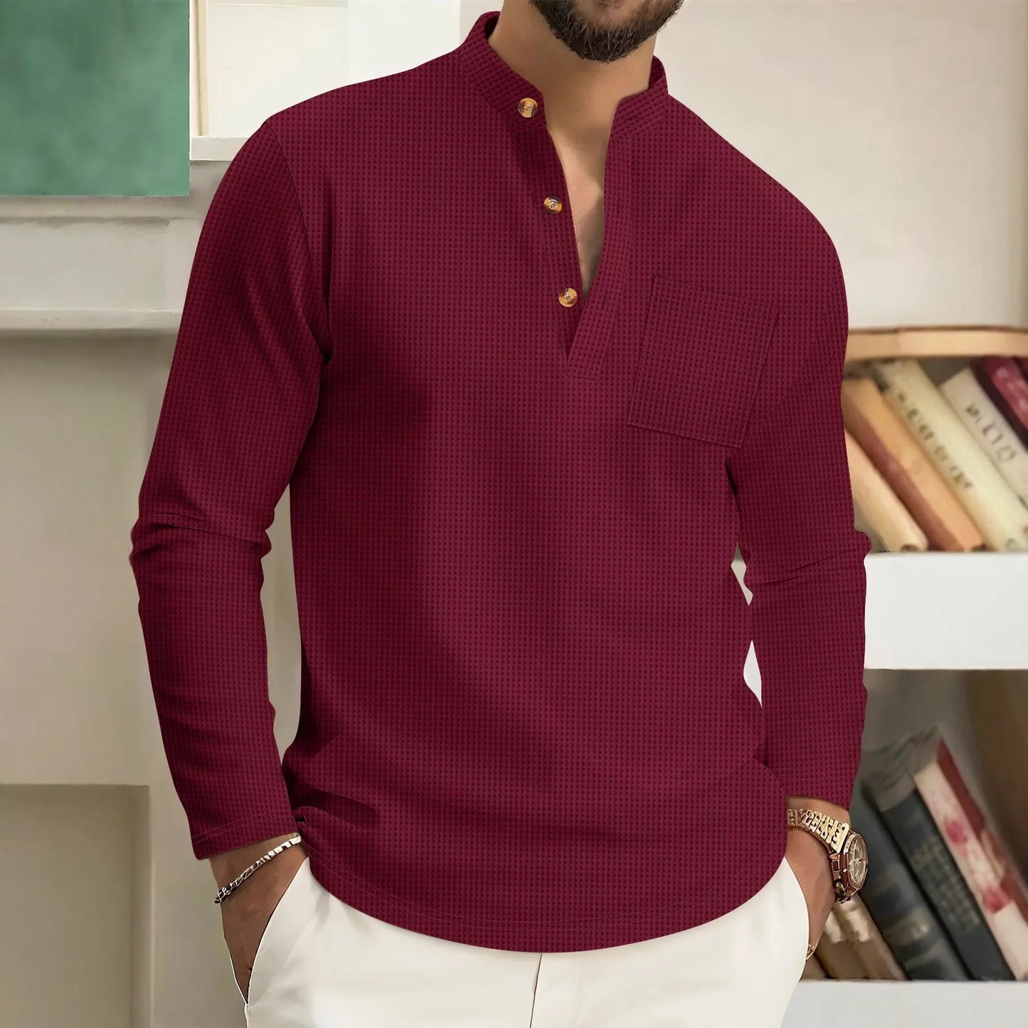 Men's casual waffle check long-sleeved shirt stand-up collar button semi-cardigan breathable and comfortable daily wear shirt