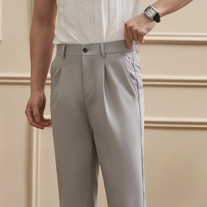 High Quality Men's Business Casual Slim-Fitting Suit Pants, Classic Solid Color Straight Work Trousers