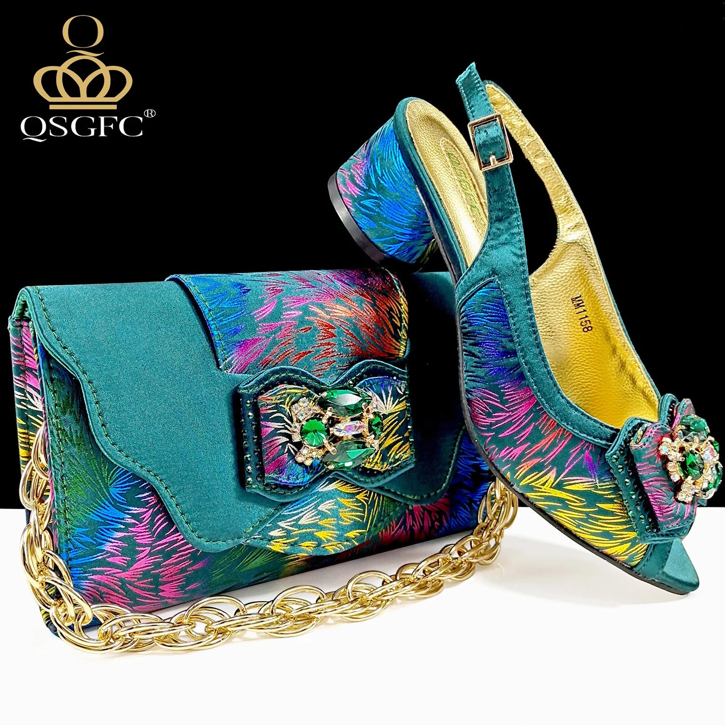 Italian Design Color Matching Rhinestone Comfortable High Heel Shoes And Bag Fashion Style Pointed-Toe Shoes For Women