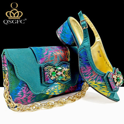 Italian Design Color Matching Rhinestone Comfortable High Heel Shoes And Bag Fashion Style Pointed-Toe Shoes For Women