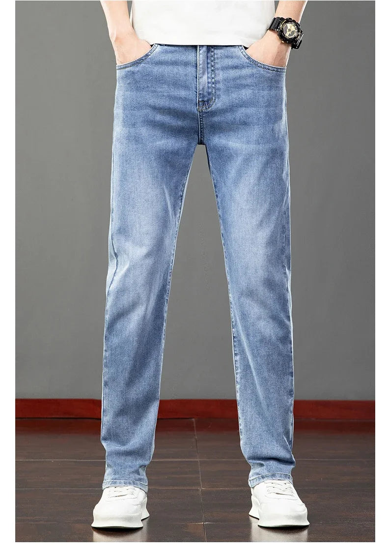 2026 Summer Men's Jeans Slim Fit Jeans Thin Stretch Straight Light Business Casual Denim Long Pants Male Classic Style Brand
