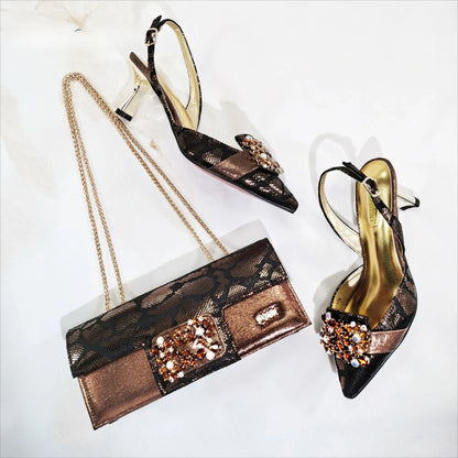 Design Italiano Borboleta Festa Casamento Sandália Bico Fino Slingback com Bolsa Conjunto Dourado