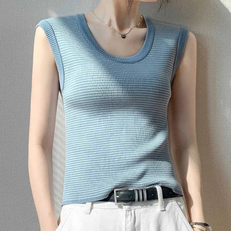 2026 Spring Summer O-Neck Striped Vest Top Simple Slim Fit Sleeveless Casual Versatile Women's Tank Top