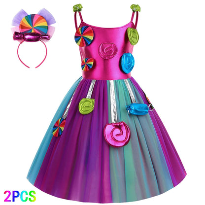Sweet Ice Cream Candy-Themed Girls Dress for Kids Birthday Carnival Party Rainbow Tutu Children's Costume Wedding Outfits