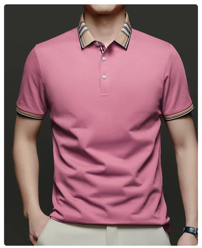 Fashion brand luxury short sleeve polo shirt men summer quality silky cotton breathable business casual striped collar T-shirt