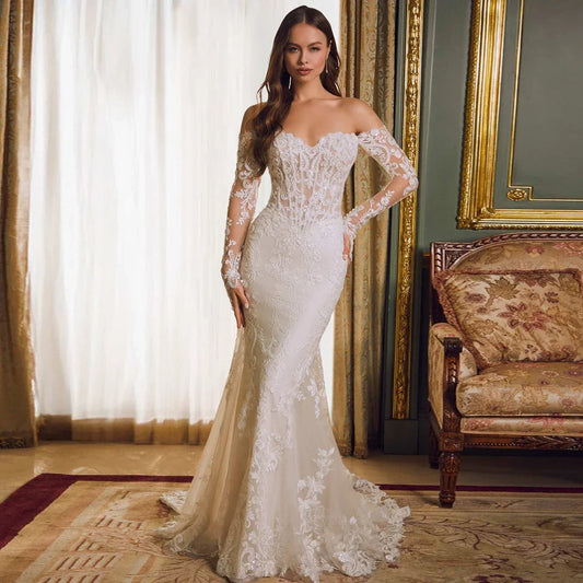 Customized Sexy Mermaid Strapless Wedding Dresses Long Sheer Sleeves Applique Bridal Low Back Pearl Vestidos De Novia