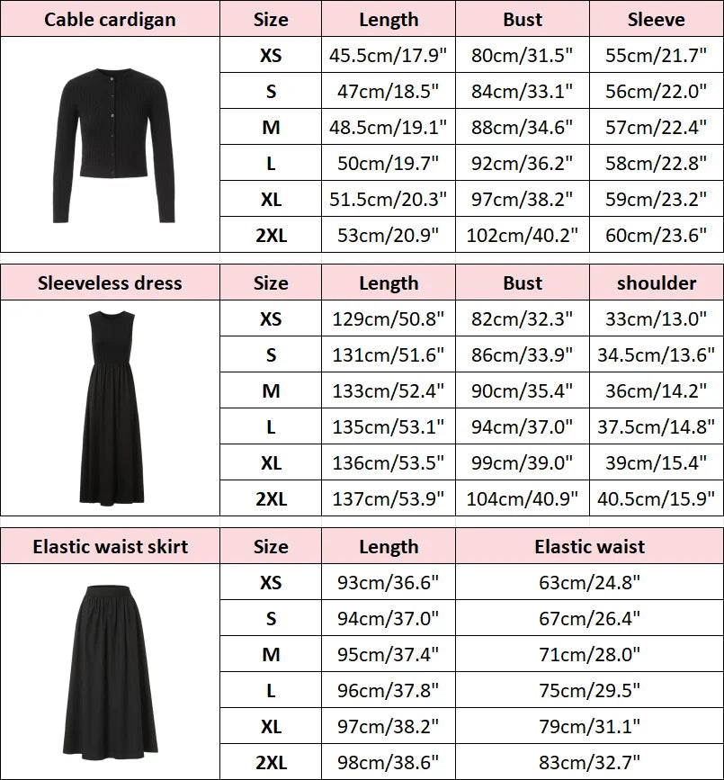 Women Sleeveless Dress Elastic Waist Skirt Cable Cardigan Clothing Elegant