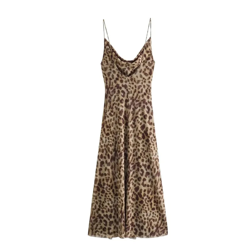 Leopard Print Tulle Slip Dress Woman Backless Summer Long Dresses For Women Vintage Sexy Party Dresses Midi Holiday Dress