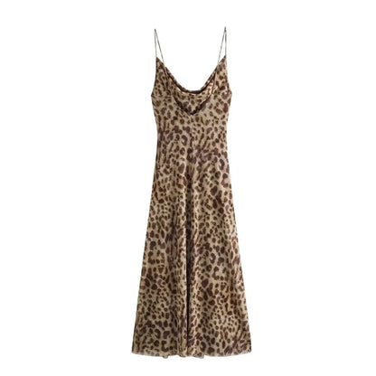 Leopard Print Tulle Slip Dress Woman Backless Summer Long Dresses For Women Vintage Sexy Party Dresses Midi Holiday Dress