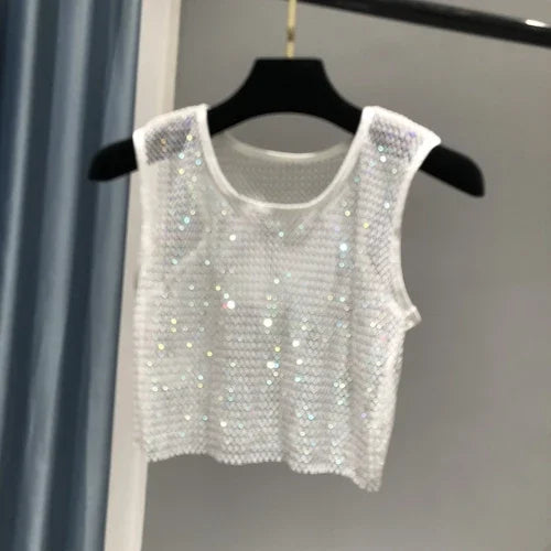 Hot Girl Y2k Small Vest Summer New H Vest with Short Vest and Shiny Women's Round Neck Top