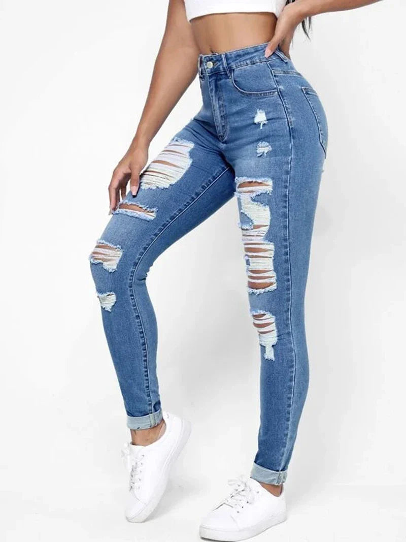 Calça Jeans Rasgada Cintura Média Botão Único com Bolsos Laterais