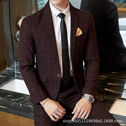 Men's Slim Fit Plaid Wedding Suit Jacket Korean Style Business Casual Single-breasted Suit with Set Wedding Groomsmen Wear
