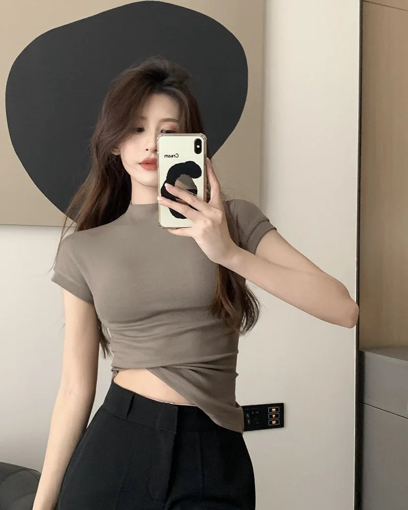 1pcs Girls Summer Solid T-shirts Womens Classic Basic Fashion Tees New Students Short Sleeve Slim Tops Females Mock Neck Tshirts