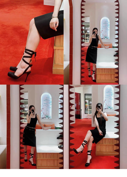 New style high heels with straps, satin toe cover, hollow square bow, thin heel, ballet style single shoes35-46