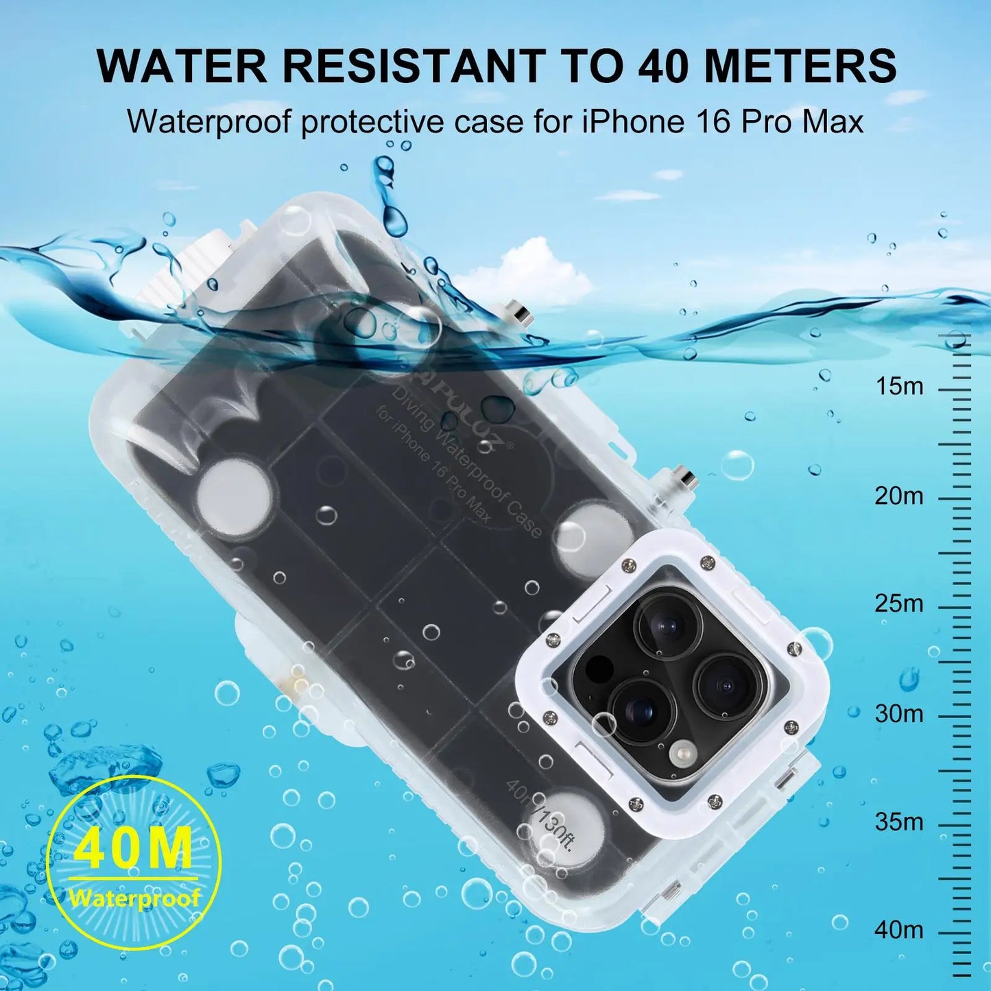 40m/130ft Waterproof Diving Case for iPhone 16 15 14 13 12 11 Pro Max Plus Photo Video Taking Underwater Housing Cover