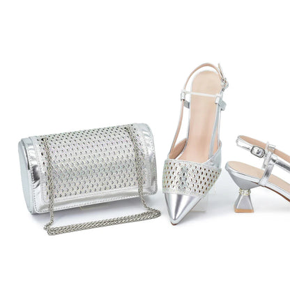 Fashion Women Italian Shoes and Matching Bags Sets Decorated with Rhinestone Fashion Party Shoes and Bag Match for Women