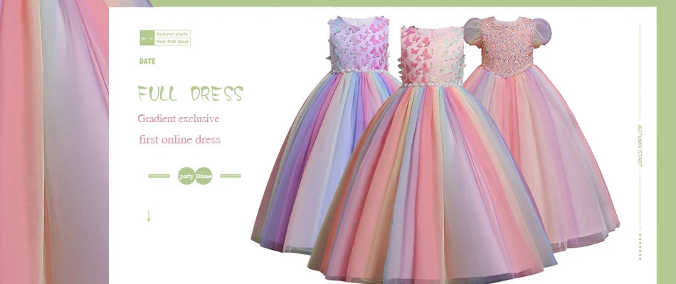 Vestido Longo de Festa de Casamento Unicórnio Arco-Íris para Menina Vestido de Performance de Dança de Personagem de Unicórnio para Festa de Aniversário de Menina Conjunto de Três Peças