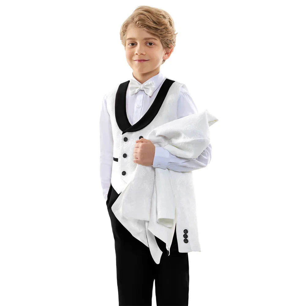 Elegant Textured White and Black Children Formal Suit Flower Boy Tuxedo for Wedding and Birthday Blazer Vest Pants Bow Tie